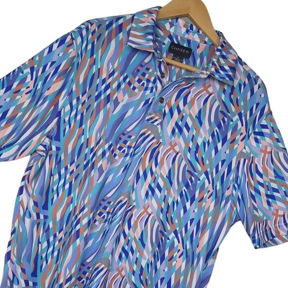 Chase 54 Men's Polo Shirt Size Medium Short Sleeve Funky Geometric AOP Polyester - Picture 1 of 7
